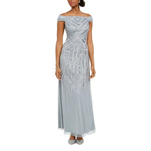 Adrianna Papell Beaded Off-The-Shoulder Formal Dress Size 2 Frosted Sage Fairy